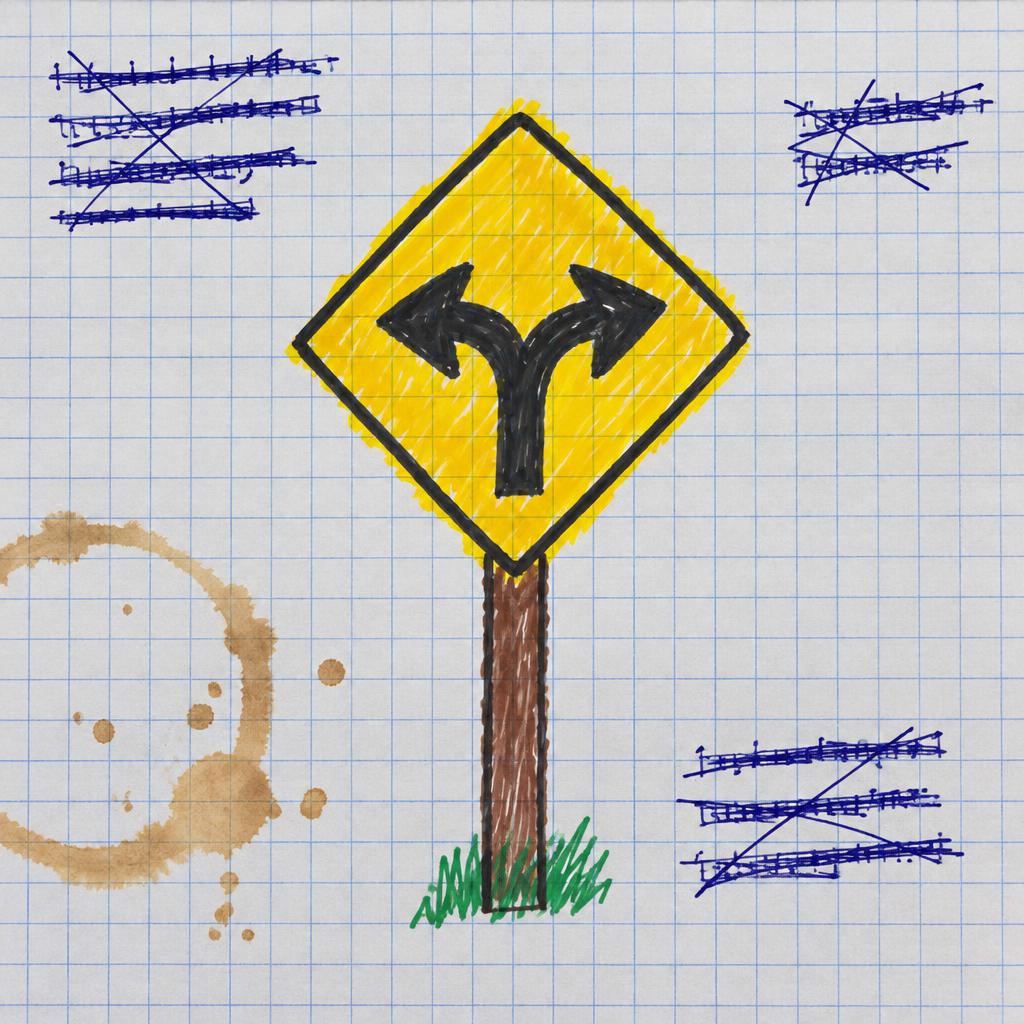 A marker drawing of a road sign pointing both ways, surrounded by crossed-out notes and a coffee stain.